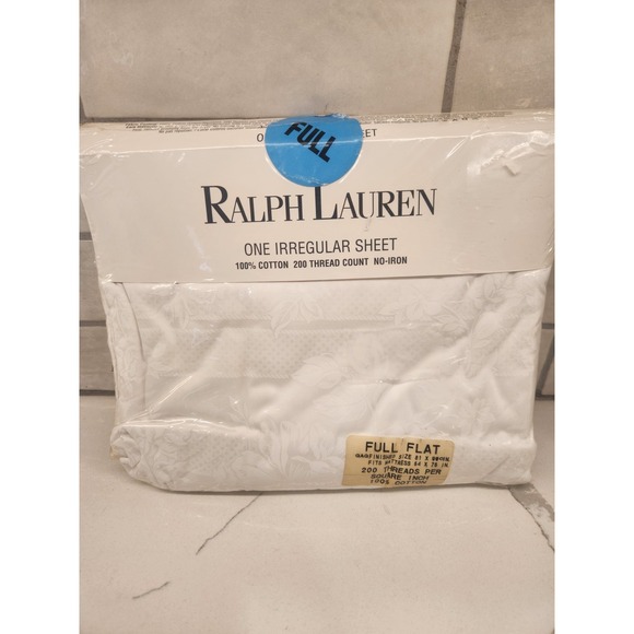 Vtg NOS Ralph Lauren Irregular Flat Sheet Ralph Lauren White Tonal Floral Stripe - Picture 1 of 11